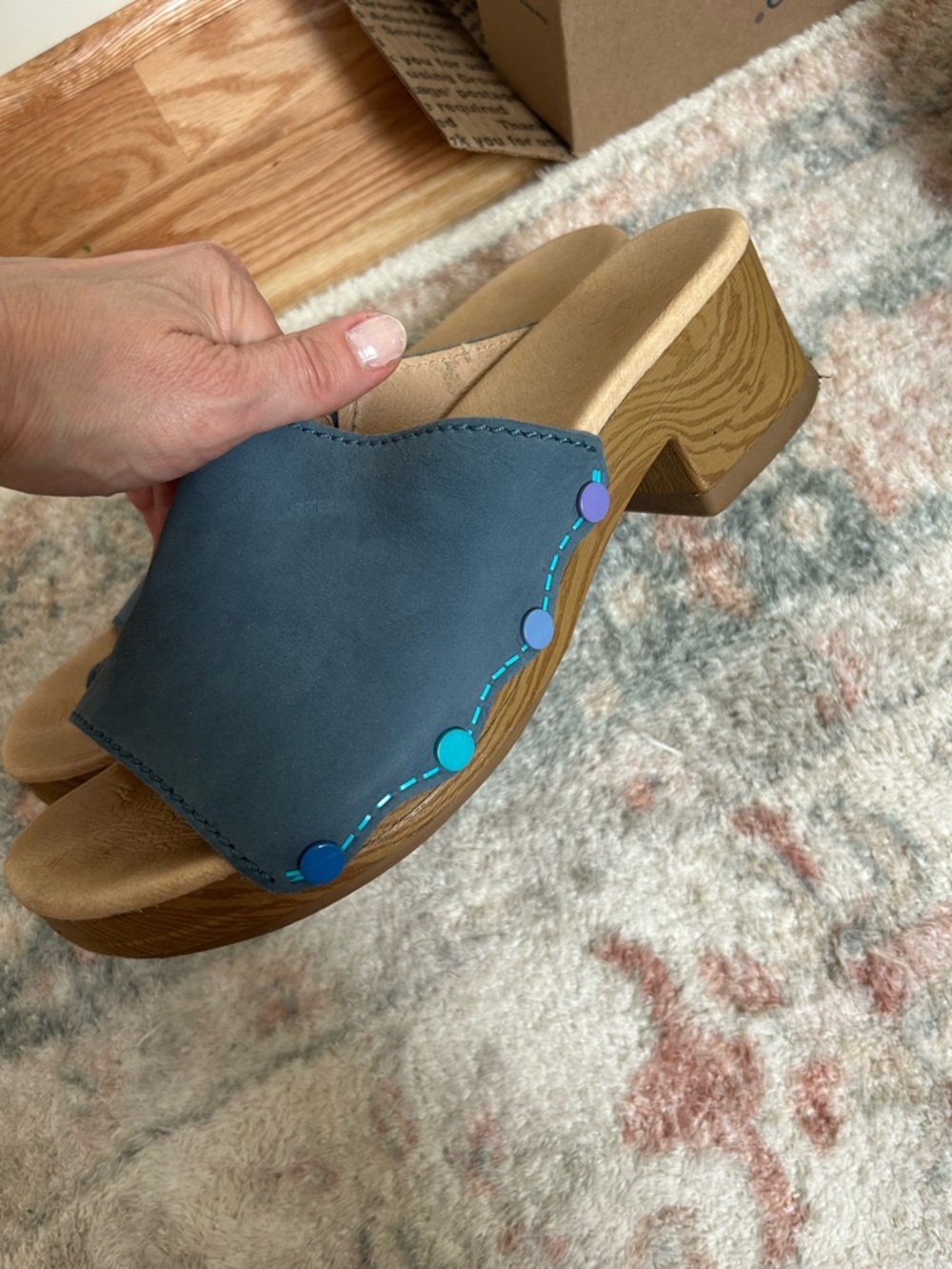 Dansko Blue Leather Slide Clog with Multicolor Stud Accents